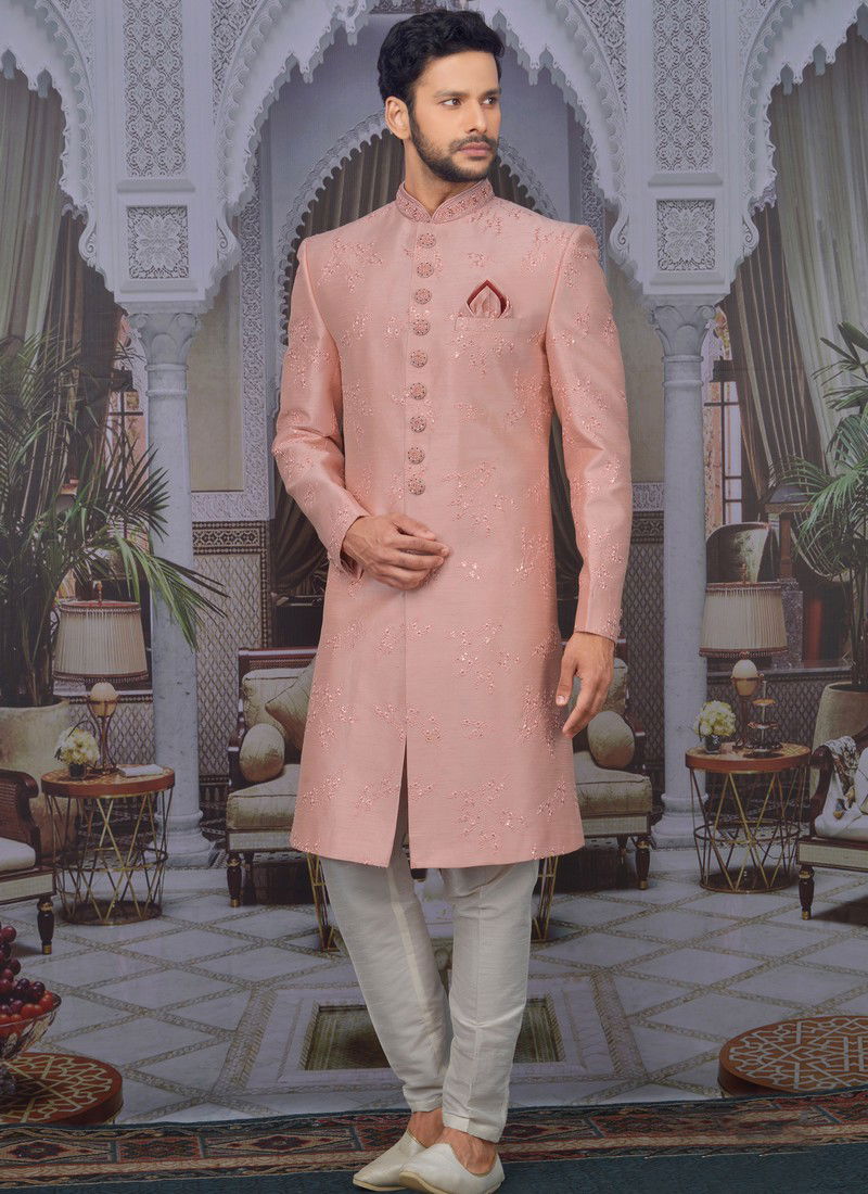 Peach Art Embroidered Banarasi Silk Wedding Sherwani 180564