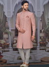 Peach Art Embroidered Banarasi Silk Wedding Sherwani 180564