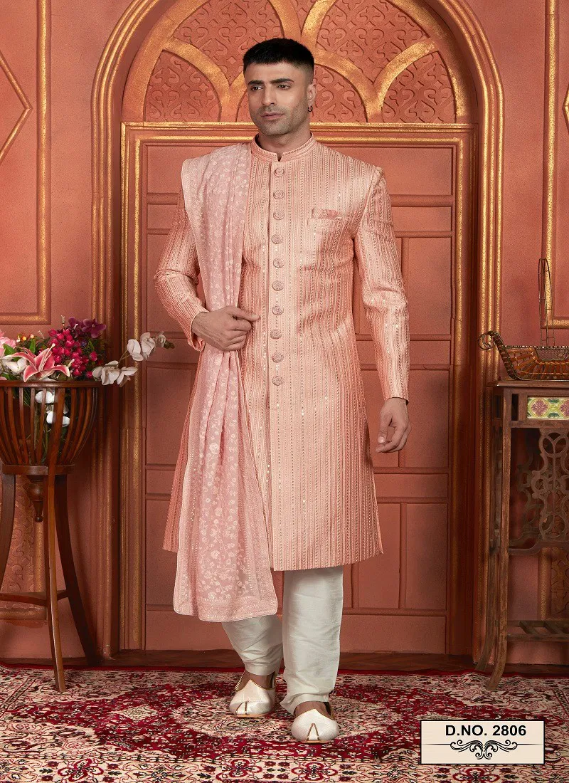 Peach Colour 1642 Wedding Mens Wear Art Silk Sherwani Suppliers In India 2806