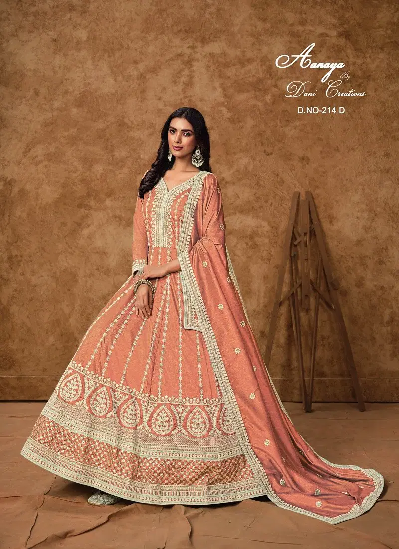 Peach Colour Aanaya Vol 214 By Dani Dola Silk Designer Gown With Dupatta Wholesale Online 214 A