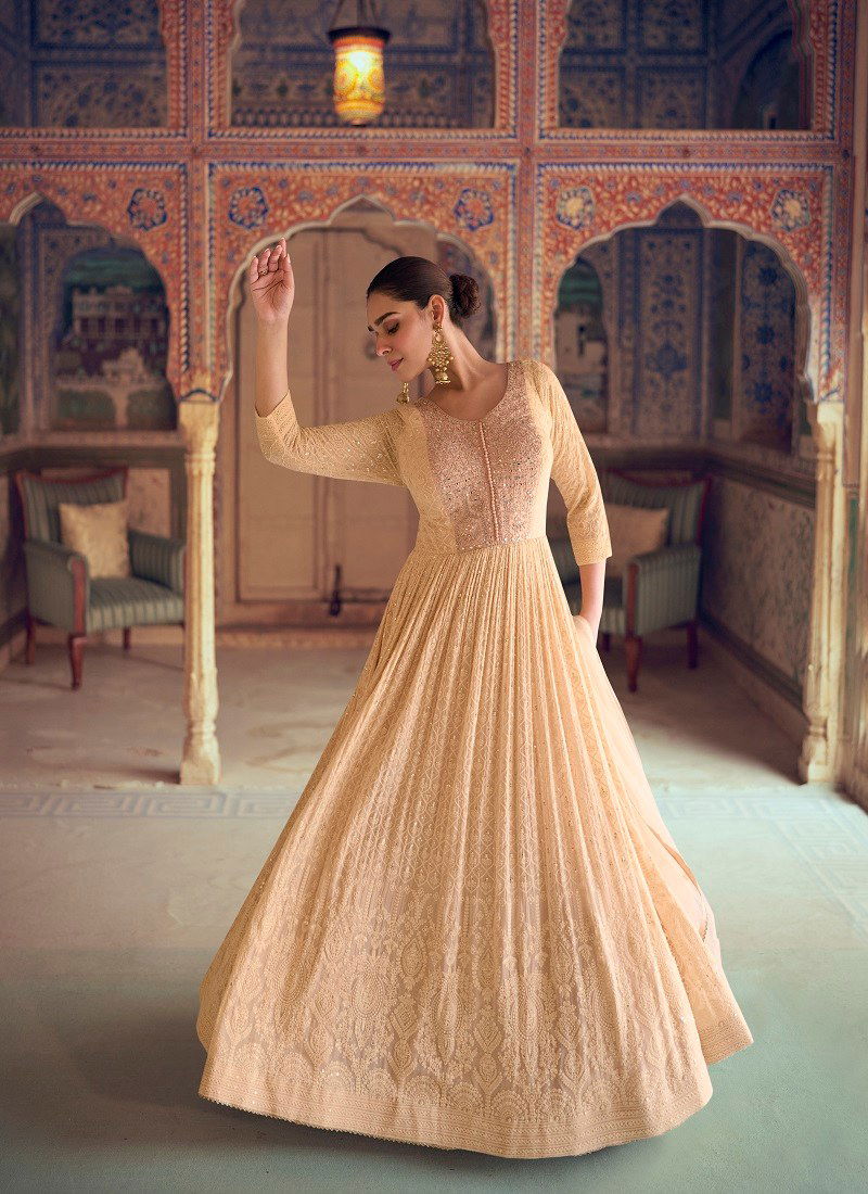 Peach Colour Aditi By Sayuri Georgette Designer wear Gown With Dupatta Exporters In India 5730