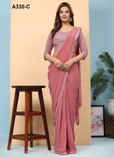Peach Colour Amoha A330 A To E Embroidery Pure Georgette Readymade Saree Wholesalers In Delhi A330-C