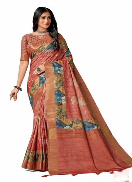 Peach Colour Amuska Silk Printed Designer Saree Catalog 7514