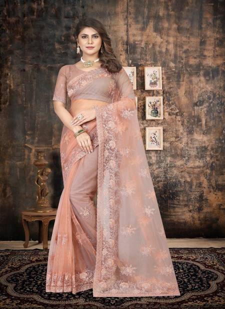 Peach Colour Anarkali By Nari Fashion Party Wear Saree Catalog 7025