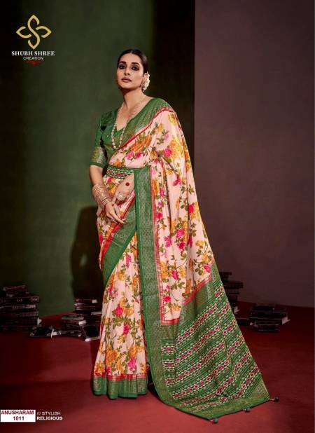 Peach Colour Anusharam By Shubh Shree Velvet Tussar Silk Designer Saree Catalog 1011