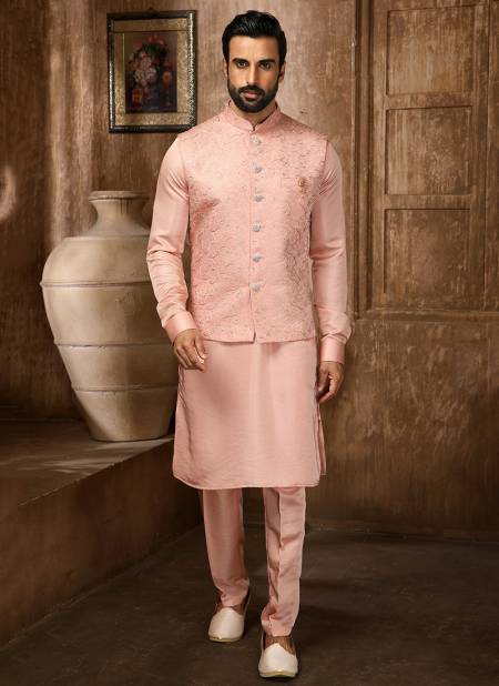 Peach Colour Function Wear Wholesale Kurta Pajama With Jacket Collection 1366