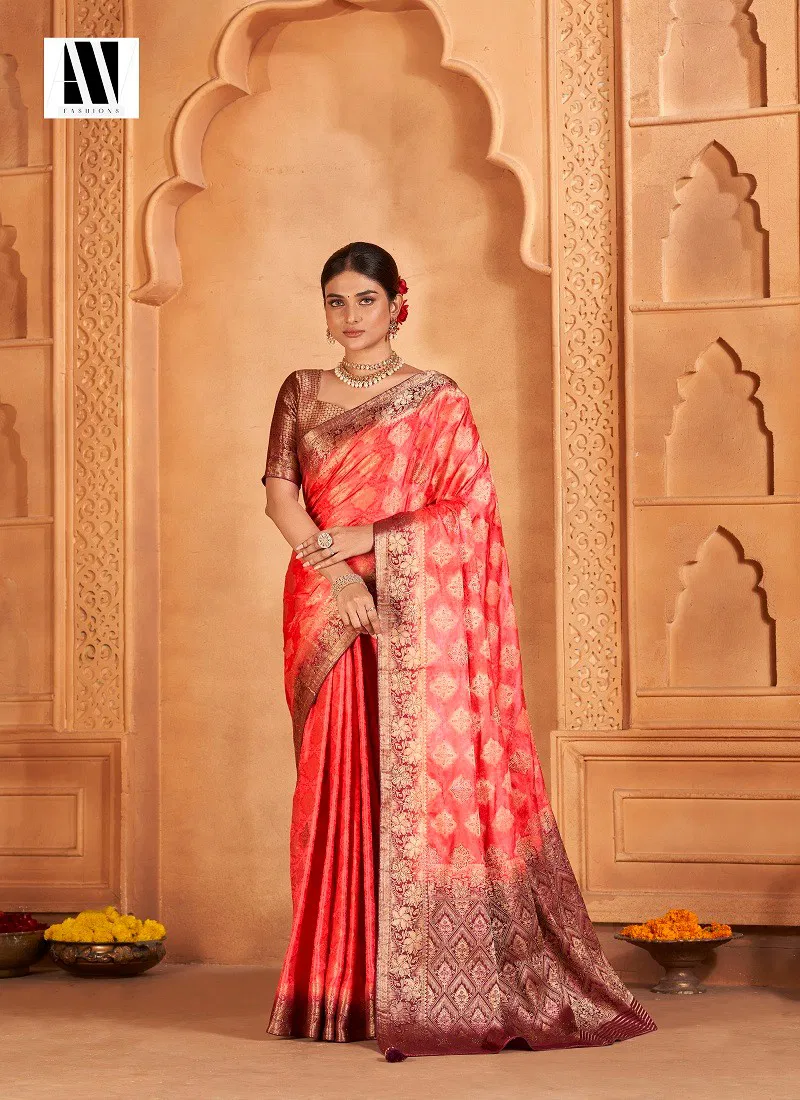 Peach Colour Banarasi Fusion Vol 1 By AV Satin Silk Wedding Wear Saree Wholesalers In India 2401