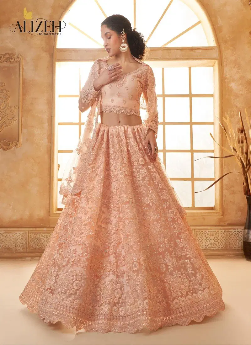 Peach Colour Bridal Heritage Color Saga Vol 3 By Alizeh Party Wear Net Lehenga Choli Wholesale Online 1074-A