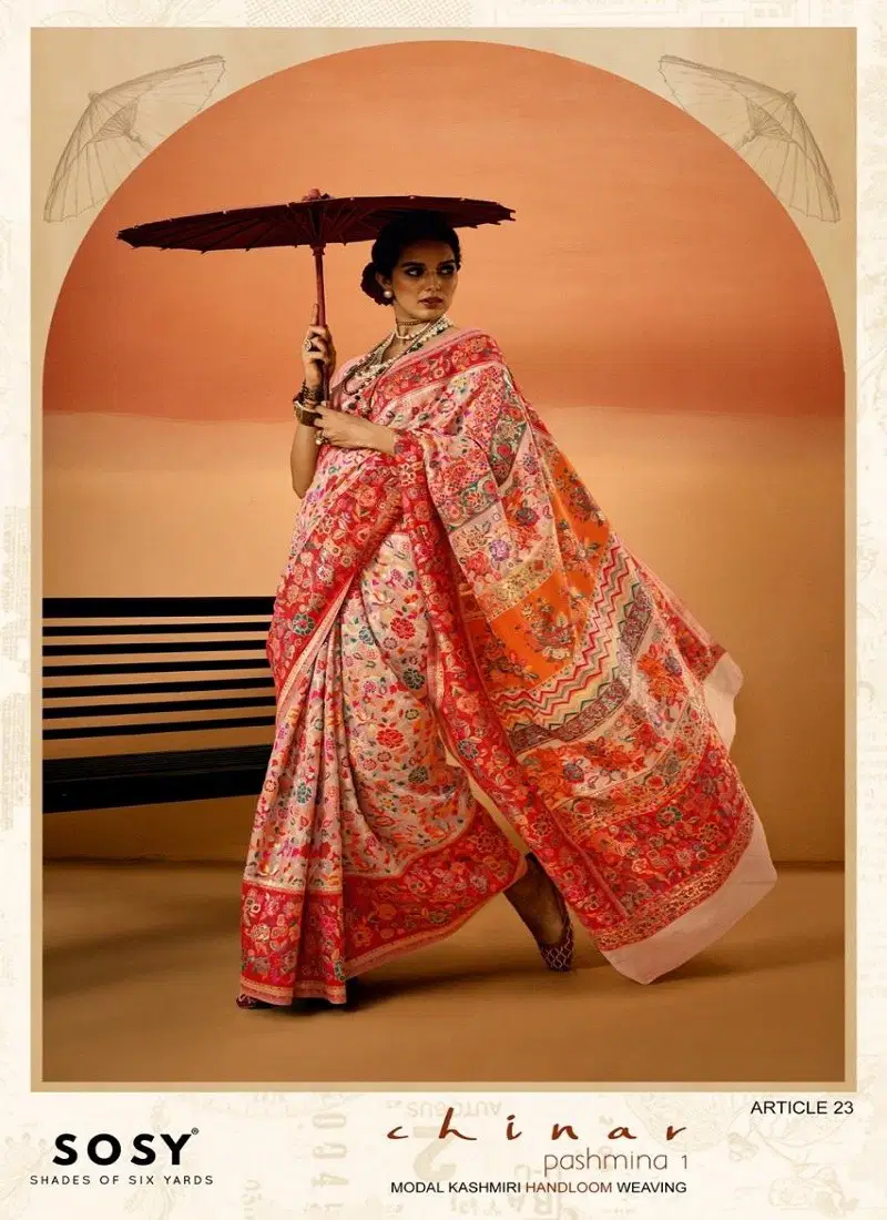 Peach Colour Chinar Pashmina 1 By Sosy Silk Festival Wear Sarees Suppliers In India Article 23