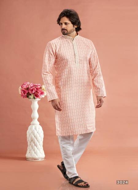 Peach Colour Function Mens Wear Printed Cotton Stright Kurta Pajama Suppliers In India 3024