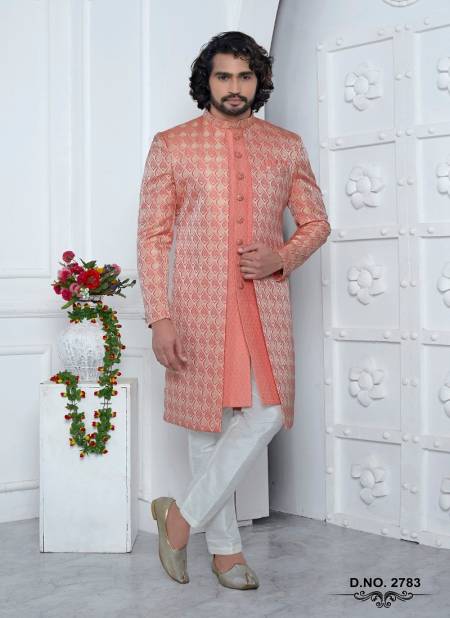 Peach Colour Function Wear Indo Western Mens Jacket Set Wholesale Price In Surat 2783