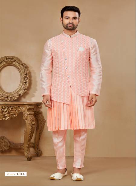 Peach Colour Function wear Lakhnavi Mens wear Modi Jacket Kurta Pajama Catalog 1014