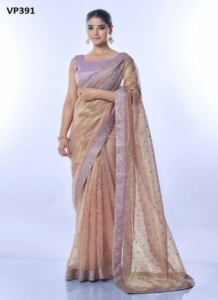 Peach Colour Golden Thar By Fashion Berry Net Saree Embroiderdy Exporters In India VP391