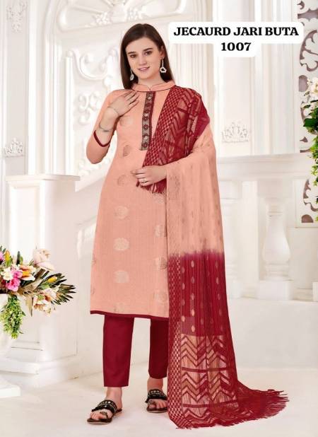 Peach Colour Jacquard Jari Butta By Rahul Nx Jacquard With Tai Button Dress Material Catalog 1007