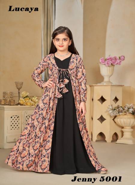 Peach Colour Jenny Vol 5 By Lucaya 5001 To 5004 Kids Wear Printed Heavy Rayon Girls Gown Wholesale Market In Surat 5001