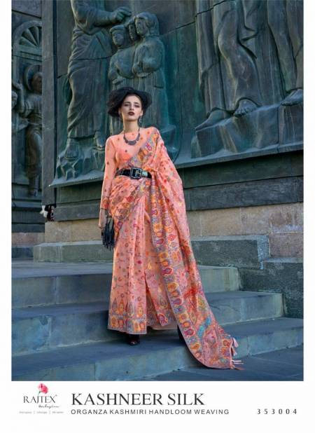 Peach Colour Kashneer Silk By Rajtex Organza Kashmiri Handloom Weaving Saree Wholesale Online 353004