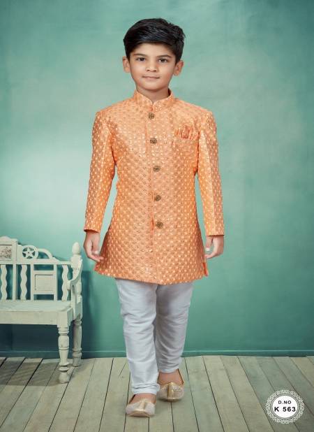 Peach Colour Kids Indo Western Sherwani Catalog K 563