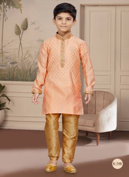 Peach Colour Kids Vol 4 Boys Wear Kurta Pajama And Indo Western Catalog K 748