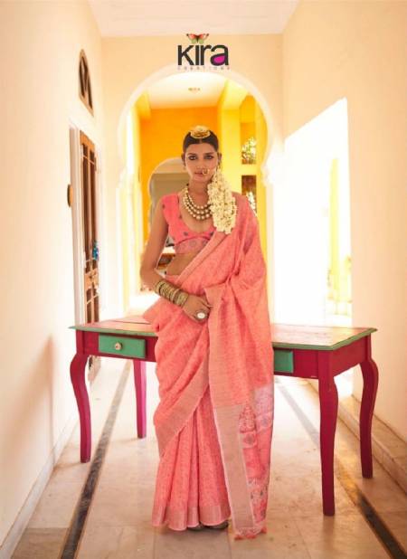 Peach Colour Kinaara By Kira Tusser Linen Saree Wholesalers In Delhi 3211