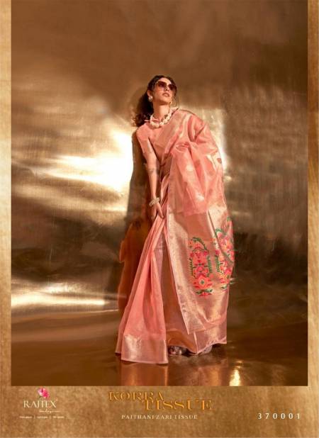 Peach Colour Korra Tissue By Rajtex 370001 To 370006 Paithani Zari Wedding Sarees Wholesale Shop In Surat 370001