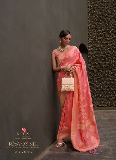 Peach Colour Kosmos Silk By Rajtex Chinon Two Tone Weaving Designer Saree Catalog 265005