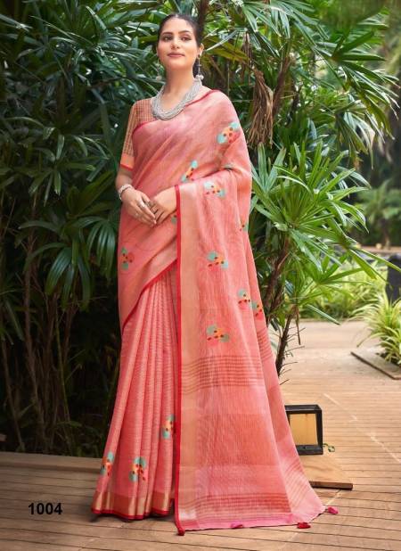 Peach Colour Linen Fashion By Sangam Linen Designer Saree Catalog 1004 Catalog
