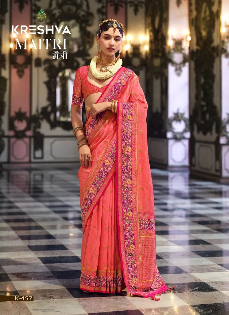 Peach Colour Maitri By Kreshva Banarasi Silk Saree Wholesale Shop In Surat K-457