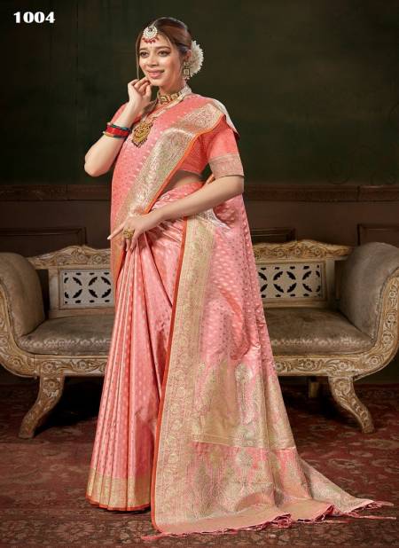Peach Colour Manpasand By Sangam Banarasi Silk Designer Saree Catalog 1004