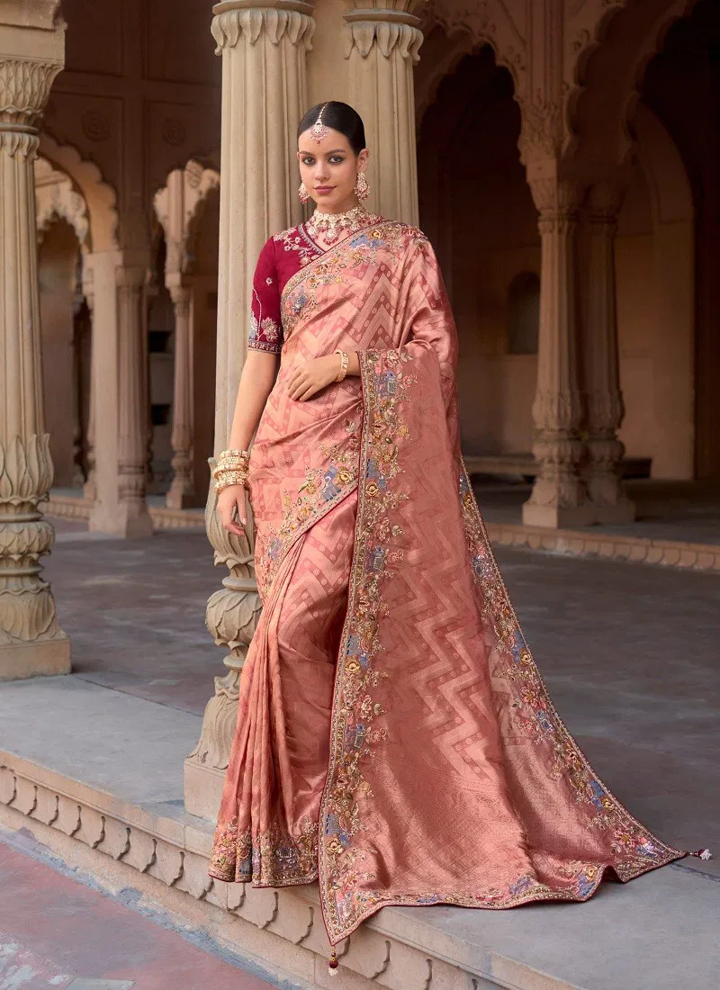 Peach Colour Mugda By Meeva Silk Organza Saree Exporters In India 1005