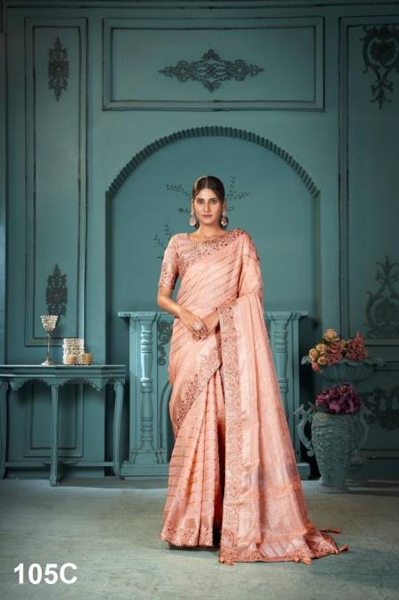 Peach Colour Muskan By Sumitra 105 A To 105 E Cotton Linen Designer sarees Wholesale Shop In Surat 106 C