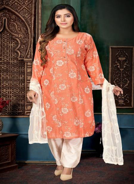 Peach Colour N F Churidar 041 Printed Chanderi Silk Readymade Suit Catalog N F C 828