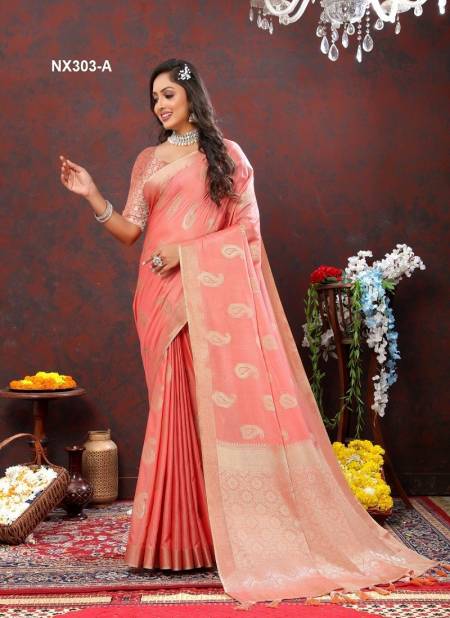 Peach Colour NX303-A TO NX303-F by Murti Nx Soft Cotton silk Sarees Orders In India NX303-A 