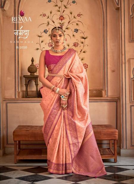 Peach Colour Narmada By Rewaa Banarasi Silk Designer Saree Catalog R 1050
