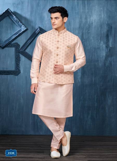 Peach Colour Occasion Wear Art Banarasi Silk Mens Modi Jacket Kurta Pajama Wholesale Market In Surat 2336