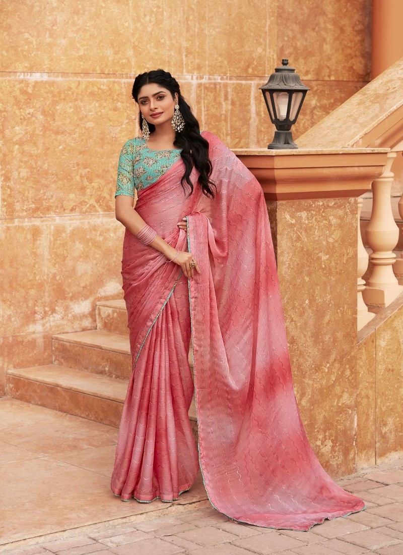 Peach Colour Oliva By Stavan 3D Shaded Chiffon Embroidery Saree Wholesale Online 101