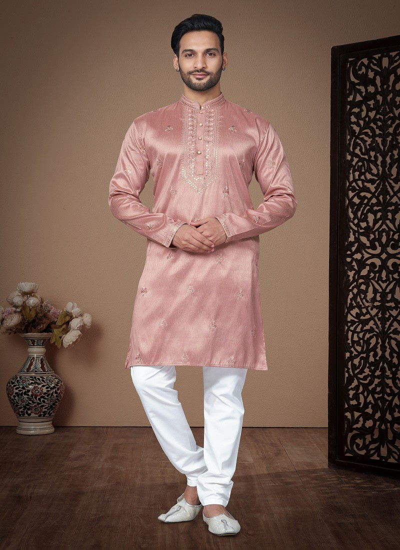 Peach Colour Outluk Vol 131 Silk Embroidery Mens Wholesale Kurta Pajama Manufacturers 131012