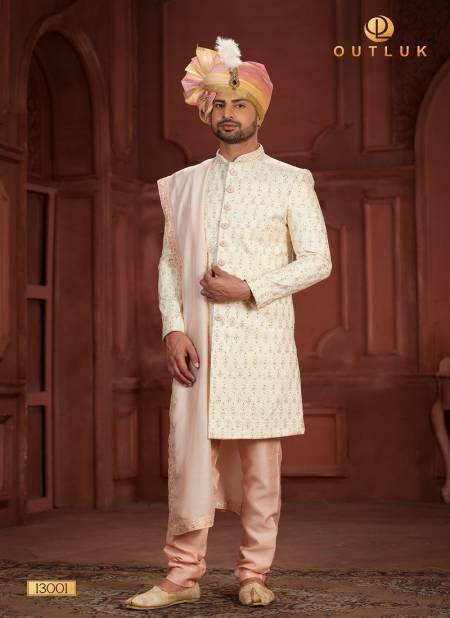 Peach Colour Outluk Wedding Collection Vol 13 Heavy Silk Mens Wear Sherwani Manufacturers 13001