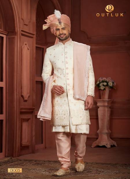 Peach Colour Outluk Wedding Collection Vol 13 Heavy Silk Mens Wear Sherwani Manufacturers 13005