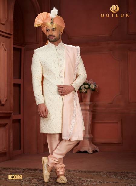 Peach Colour Outluk Wedding Collection Vol 14 Pure Silk Mens Wear Sherwani Wholesale Online 14002