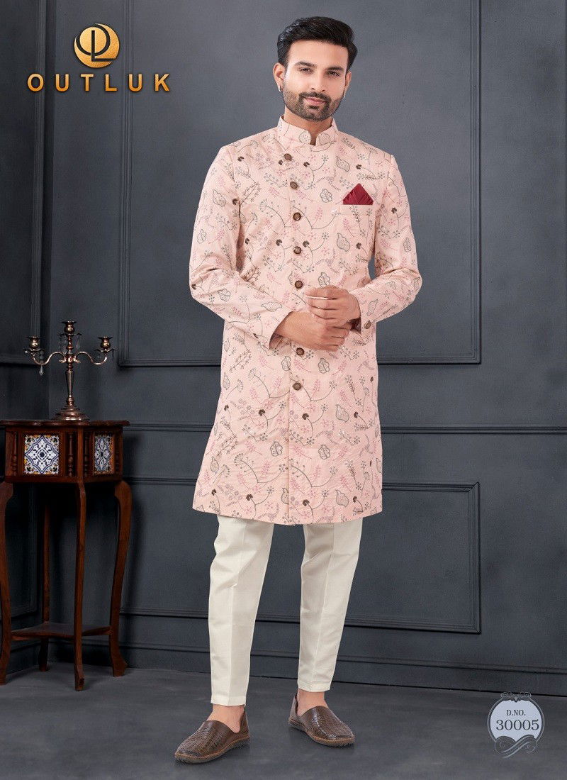 Peach Colour Outluk Wedding Collection Vol 30 Silk Mens Wholesale Indo Western Manufacturers 30005