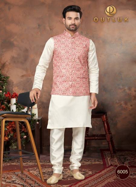 Peach Colour Outluk Wedding Collection Vol 6 Mens Wear Modi Jacket Kurta Pajama Catalog 6005