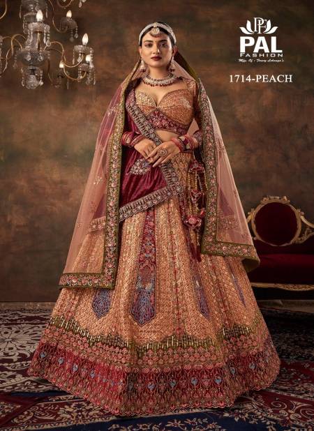 Peach Colour Pal Fashion Velvet Heavy Embroidery Hand Work Bridal Lehenga Choli Catalog 1714 B