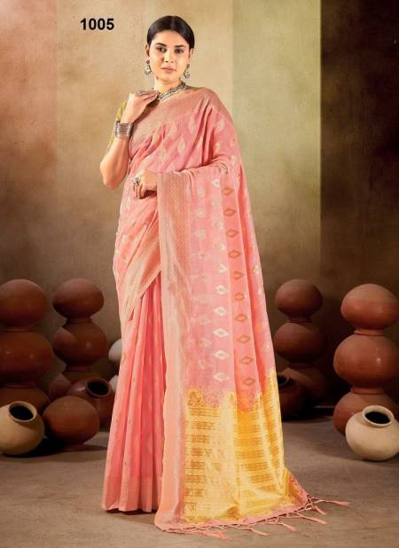 Peach Colour Pasmina Cotton By Bunawat Linen Saree Wholesale Online 1005