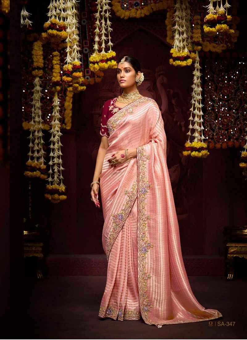 Peach Colour Prasang By Kimora Banarasi Kanjivaram Wedding Wear Saree Orders In India SA-347