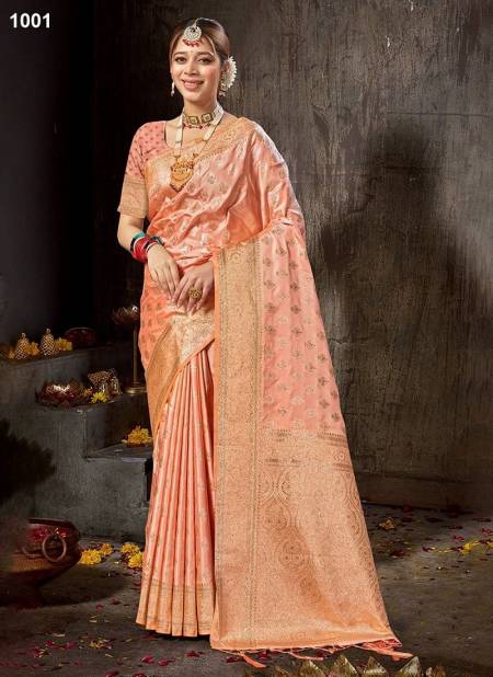 Peach Colour Rishta By Sangam Banarasi Silk Designer Saree Catalog 1001 Catalog