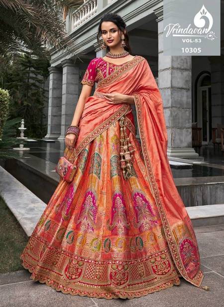 Peach Colour Royal Vrindavan Vol 53 Banarasi Silk Bridal Lehenga Choli Orders In India 10305