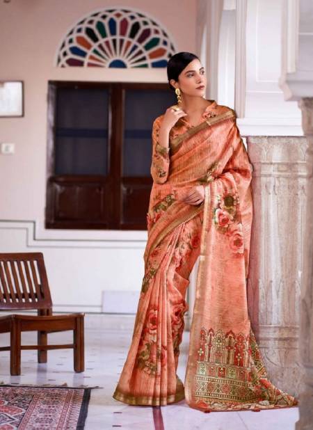 Peach Colour Ruby 1001 To 1012 By Mahamani Creation Digital Printed Linen Saree Surat Wholesale Market 1003