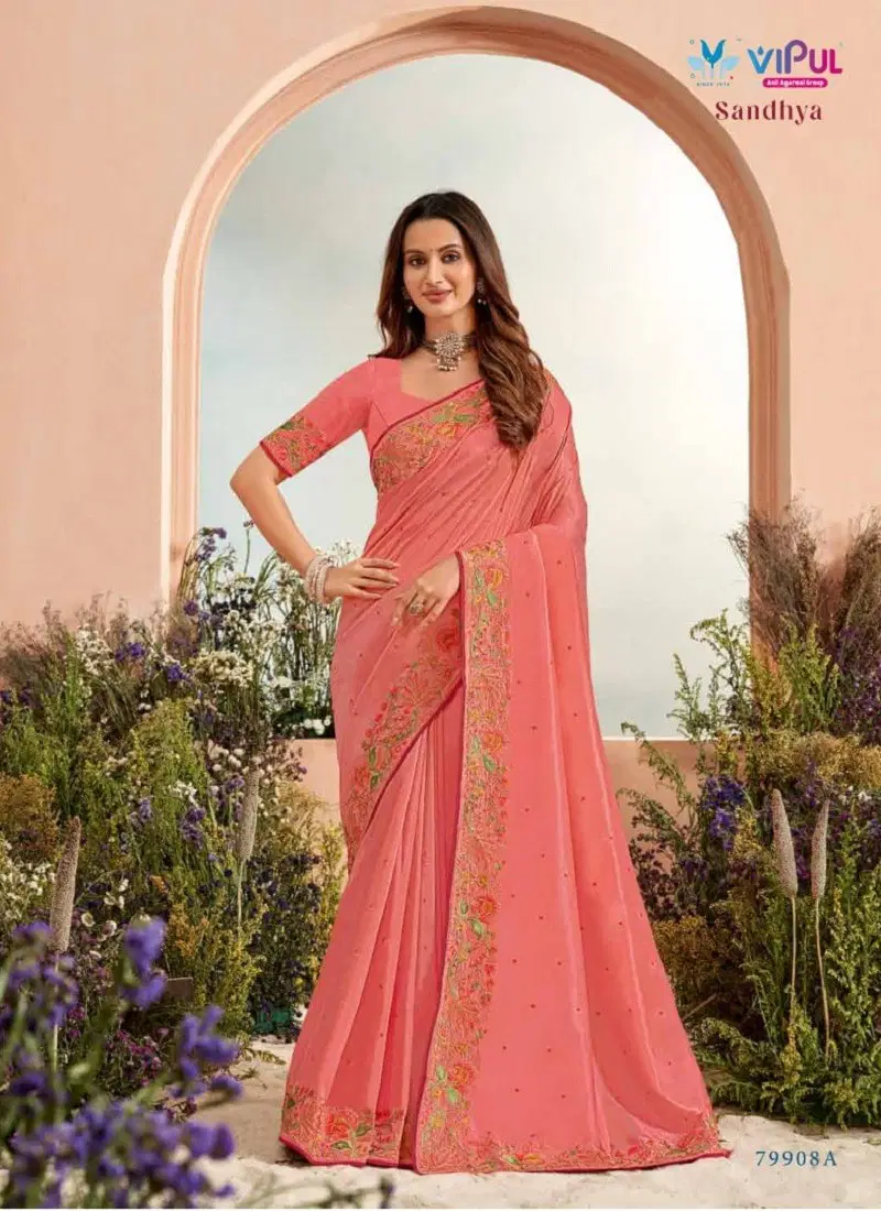 Peach Colour Sandhya By Vipul Silk Wedding Wear Saree Online Wholesale 79908A