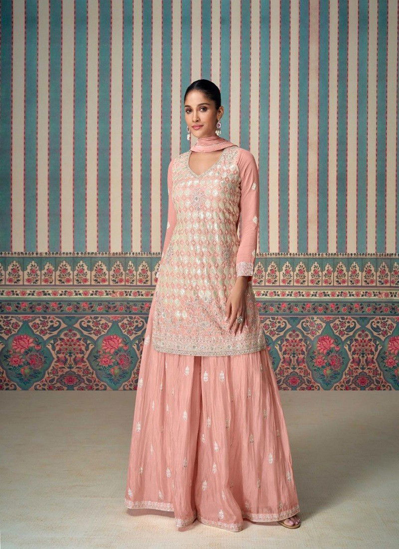 Peach Colour Shagun By Sayuri Designer Chinon Silk Surat Readymade Suits Wholesale Market 5617