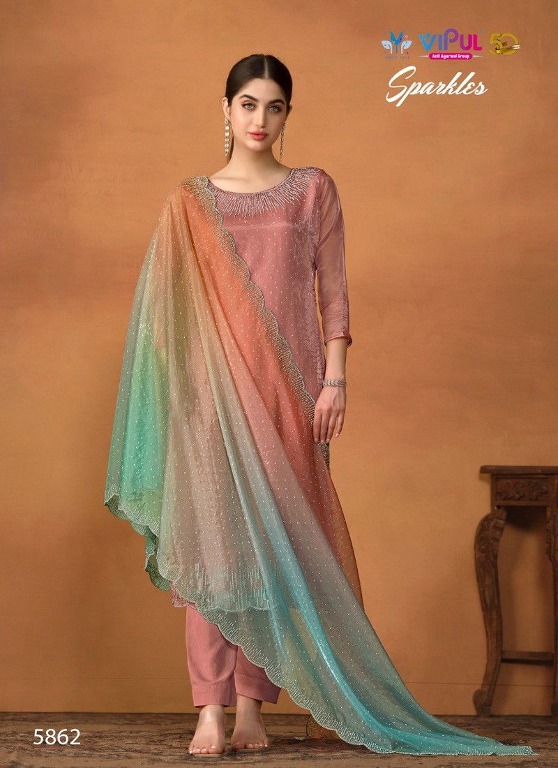 Peach Colour Sparkles By Vipul Organza Desginer Salwar Kameez Wholesale Shop In Surat 5862